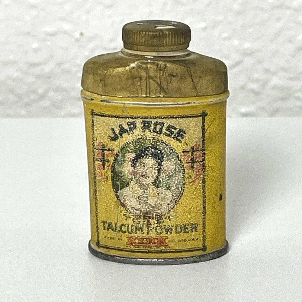 Vintage Antique SAMPLE Size Jap Rose Talc Powder Metal Litho Tin w/ Contents